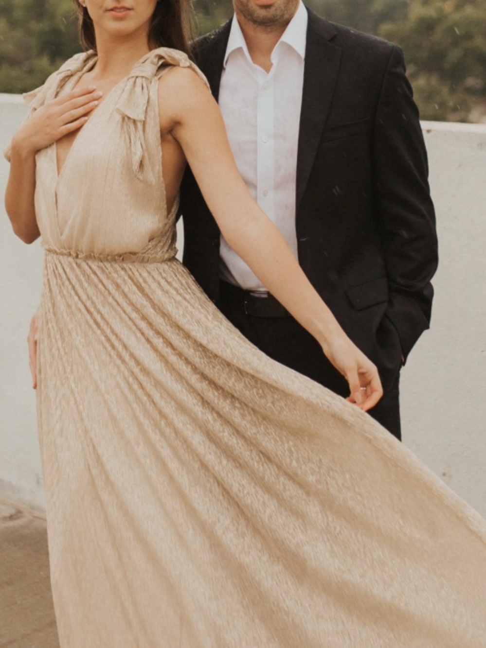 Express Gold Pleated Maxi Dress with Tie Shoulders